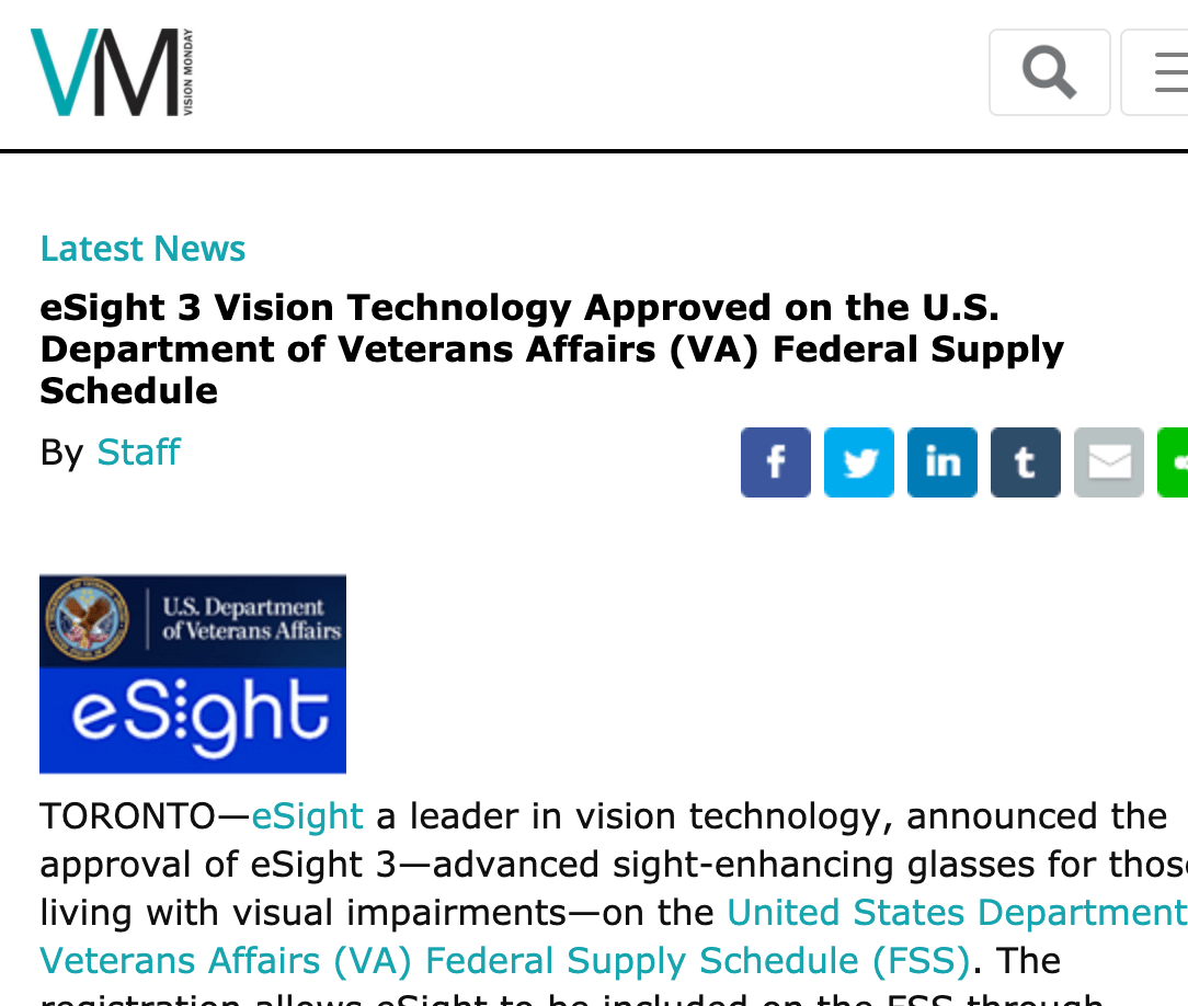 Thumbnail of Vision Mondays article about eSight Eyewears device helping low vision veterans